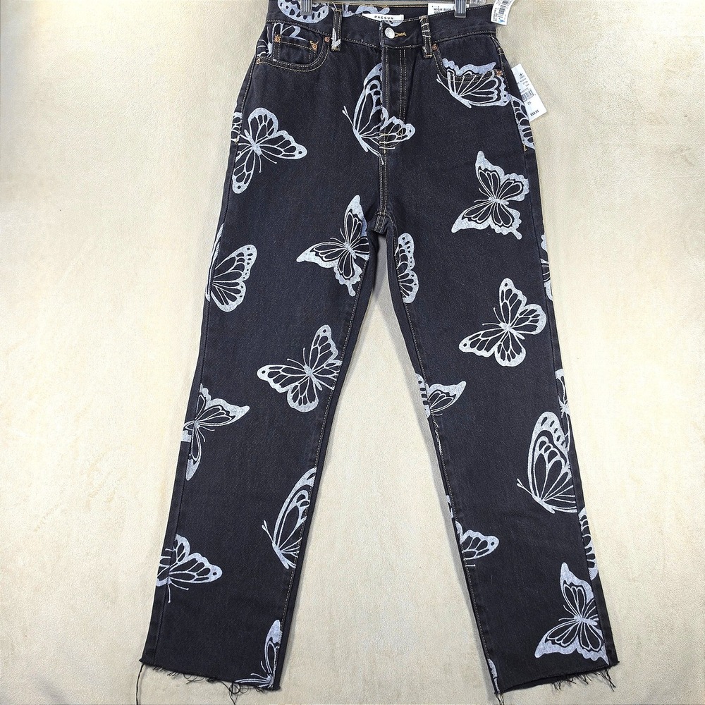 PacSun High Rise Straight Butterfly Print Jeans Black Butte Size 25 NWT